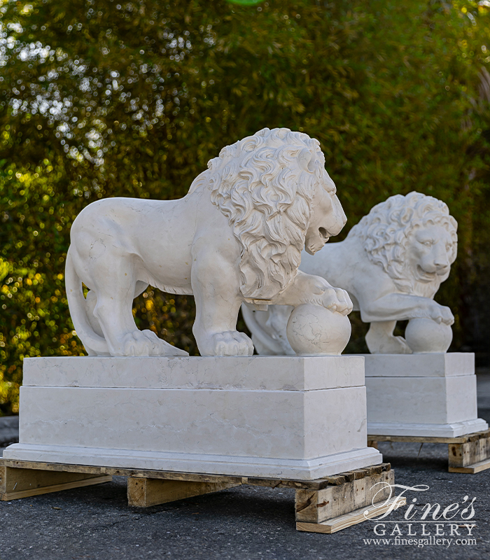 Marble Statues  - Marble Lion Pair In Italian 